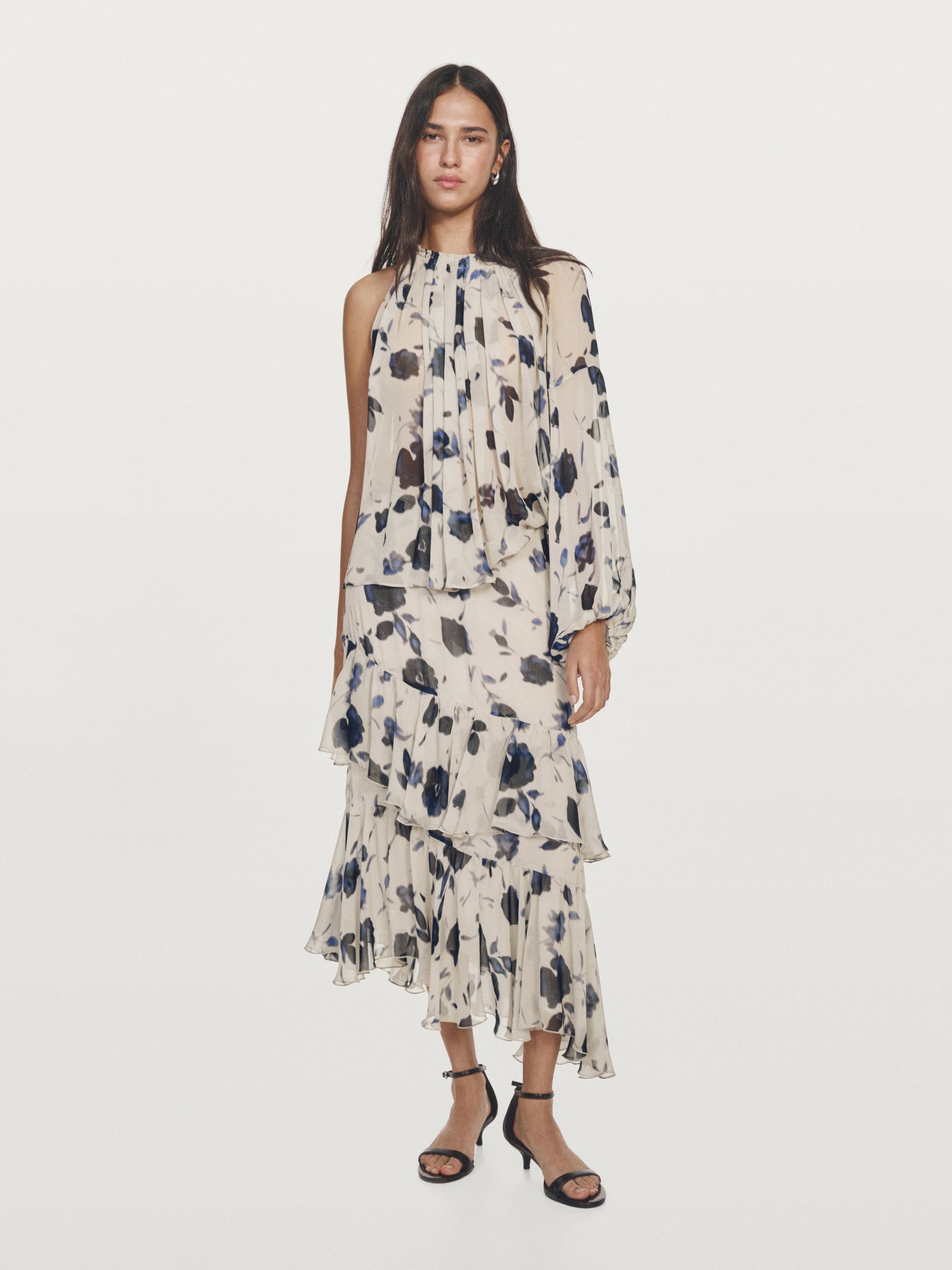 Ruffled floral print midi skirt